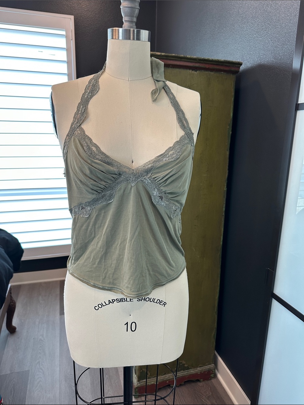 Free People Sage Green Lace-Trim Halter Cami